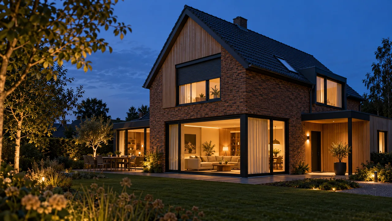 Gegenereerde woning bij avond met sfeervol verlichte binnenruimtes en deels gesloten rolluiken en gordijnen.